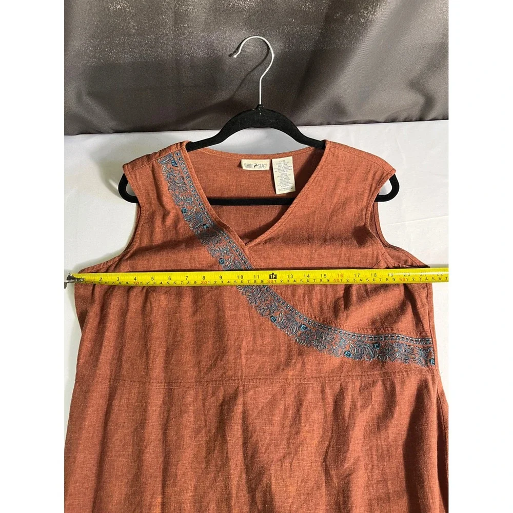 White Stag Linen‎ Blend Embroidered Midi Dress Rust Orange Sleeveless Large